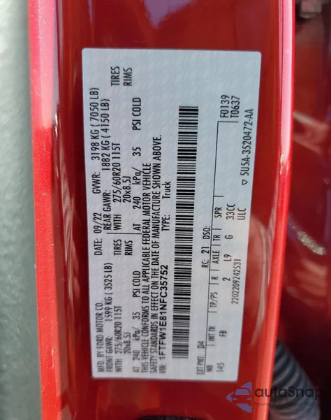 2022 Ford F150 Supercrew из США, поврежденный, VIN 1FTFW1E81NFC35752